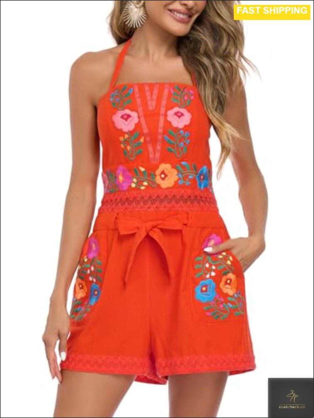 Boho Embroidered Floral Sleeveless Halter Romper with Pockets